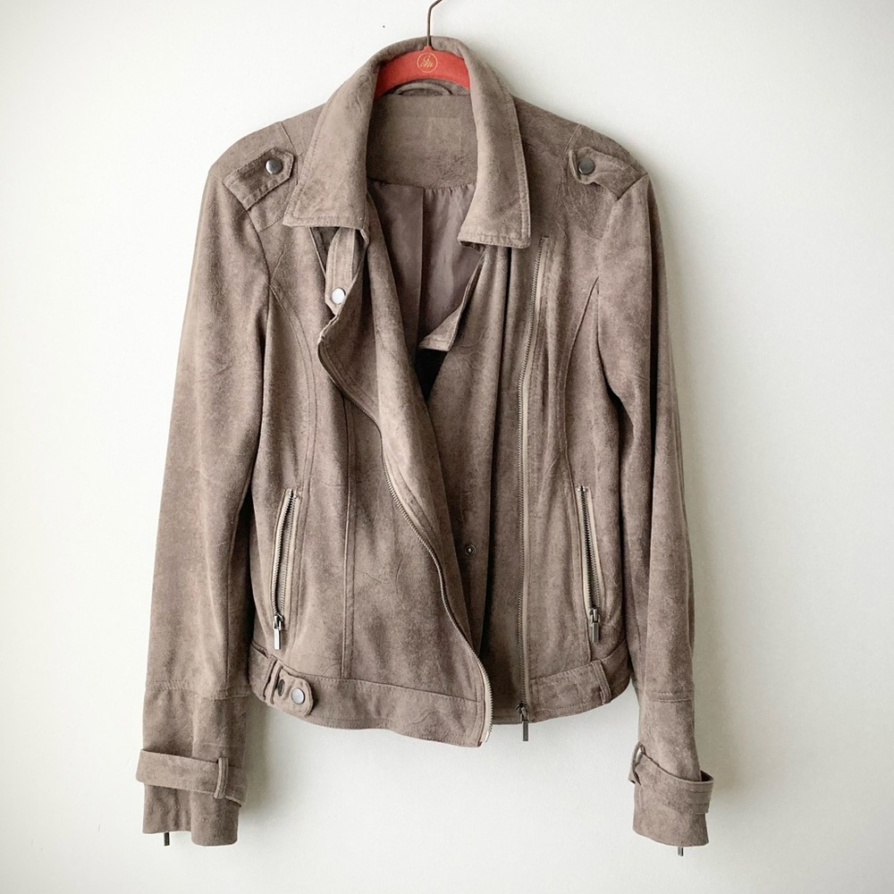 earthy suede leather moto biker asymmetrical jacket vegan cropped tan brown s
